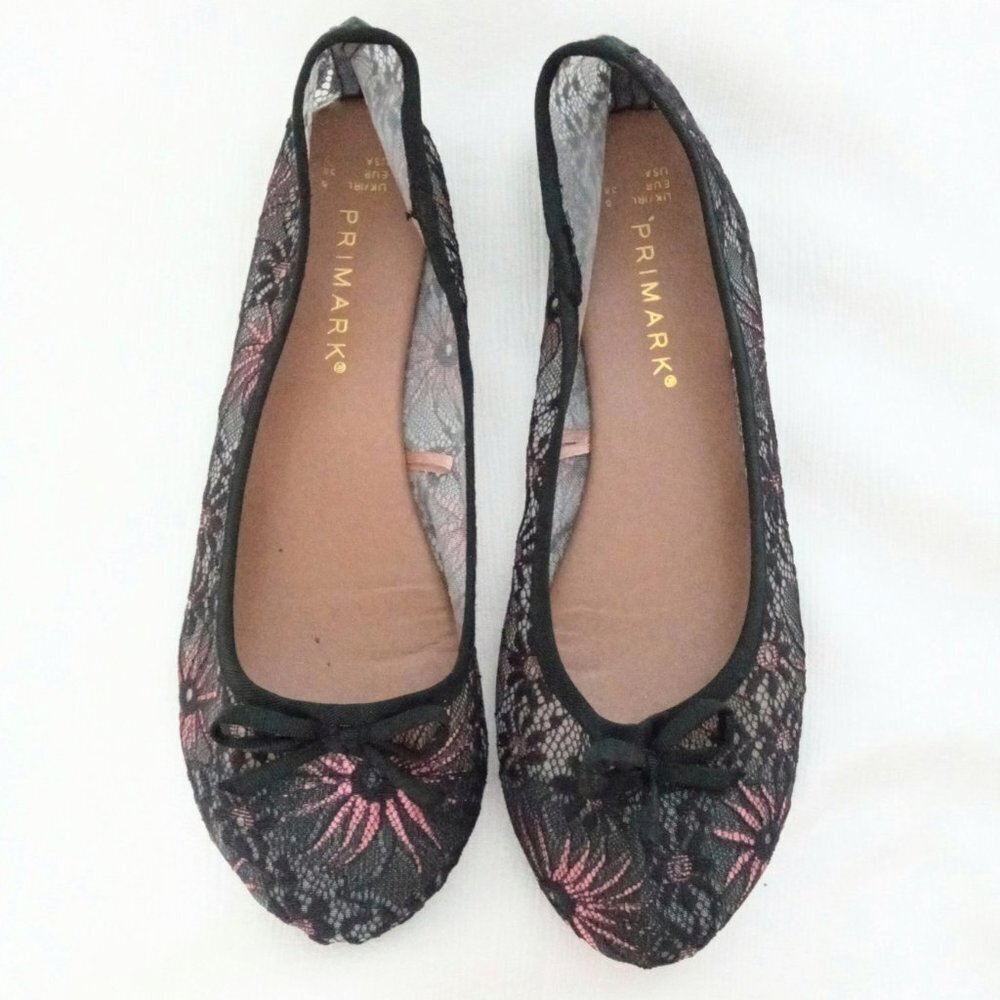 Primark floral lace ballet flat black pink embroidered mesh shoes